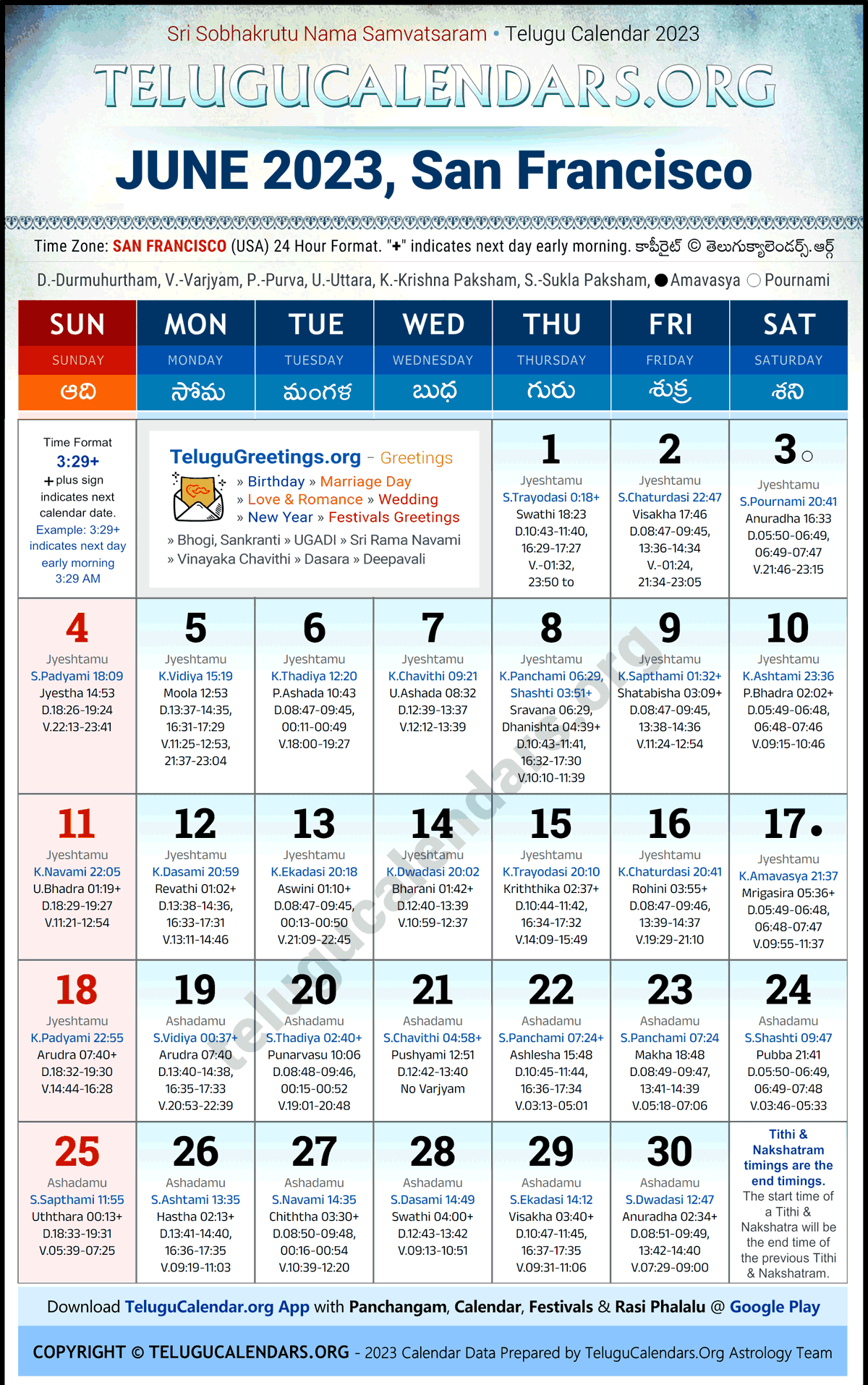 Telugu Calendar 2023 June Festivals for San Francisco