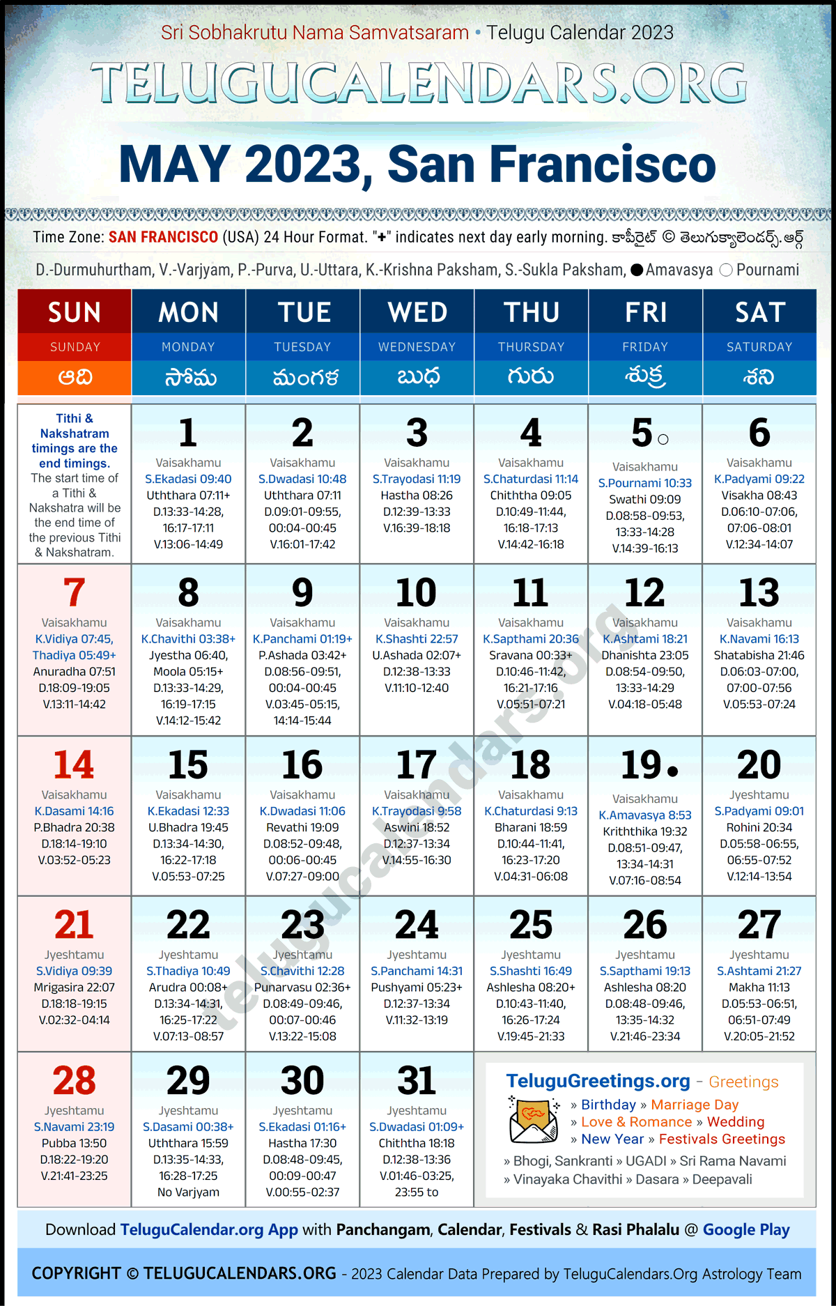 Telugu Calendar 2023 May Festivals for San Francisco