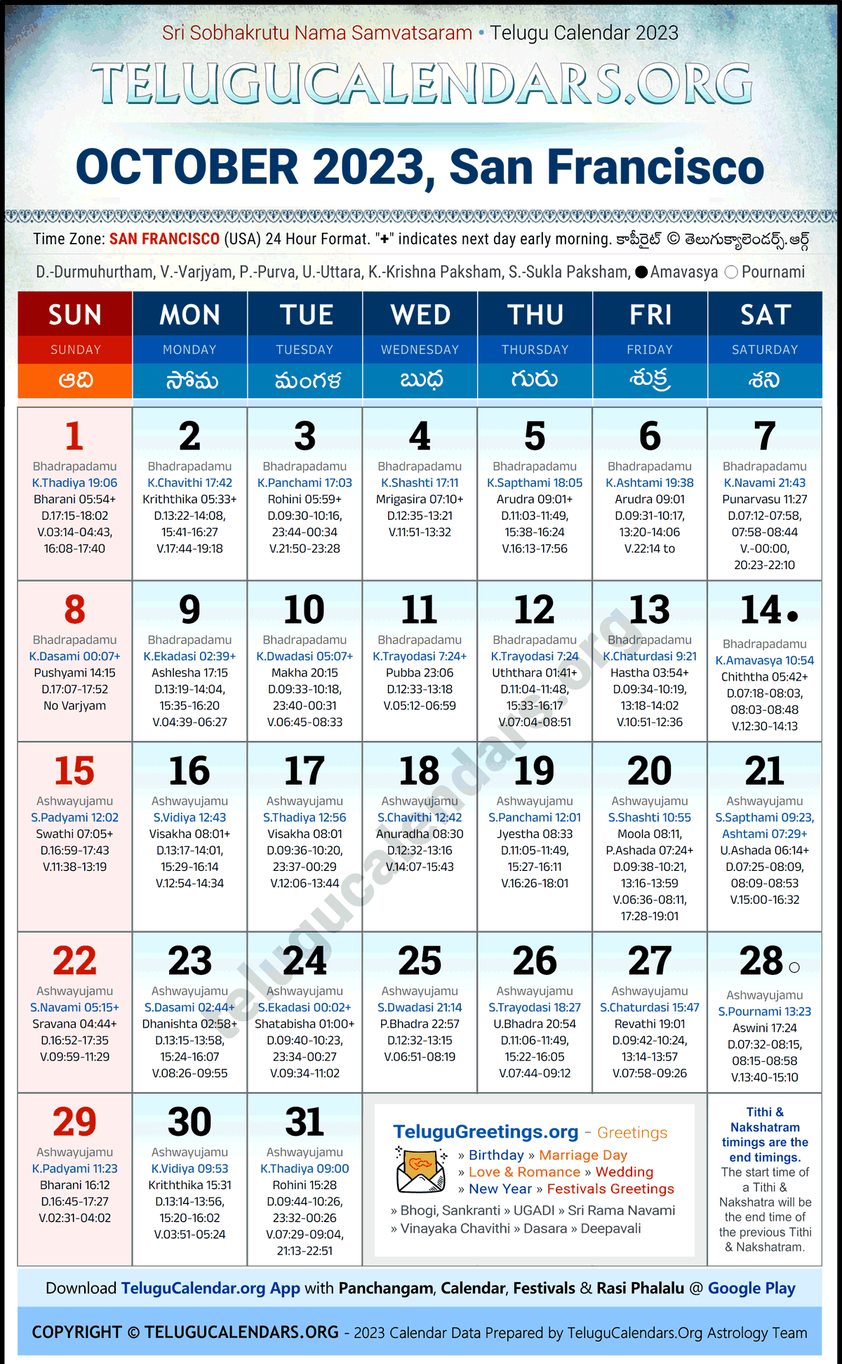 Telugu Calendar 2023 October Festivals for San Francisco