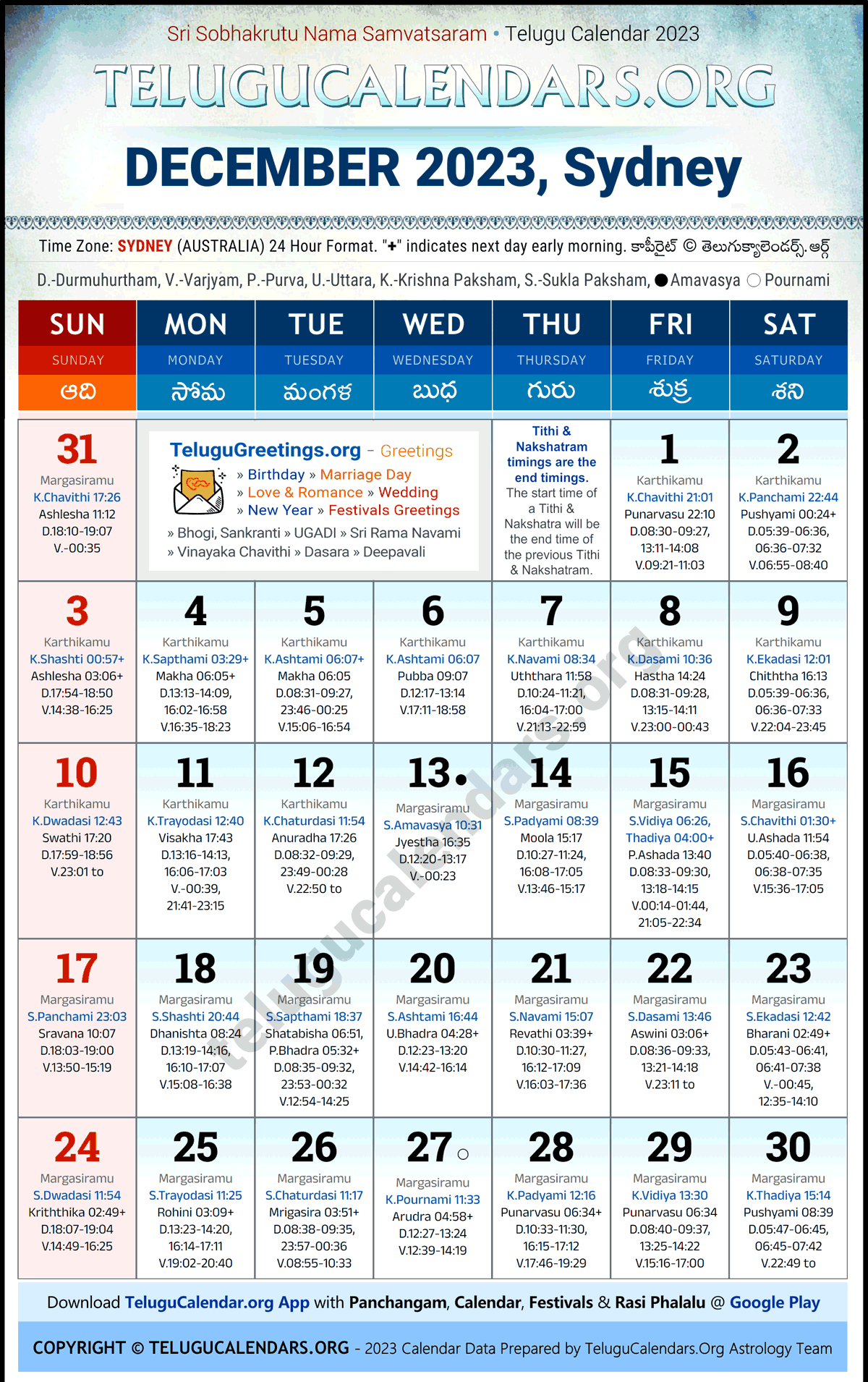 Telugu Calendar 2023 December Festivals for Sydney