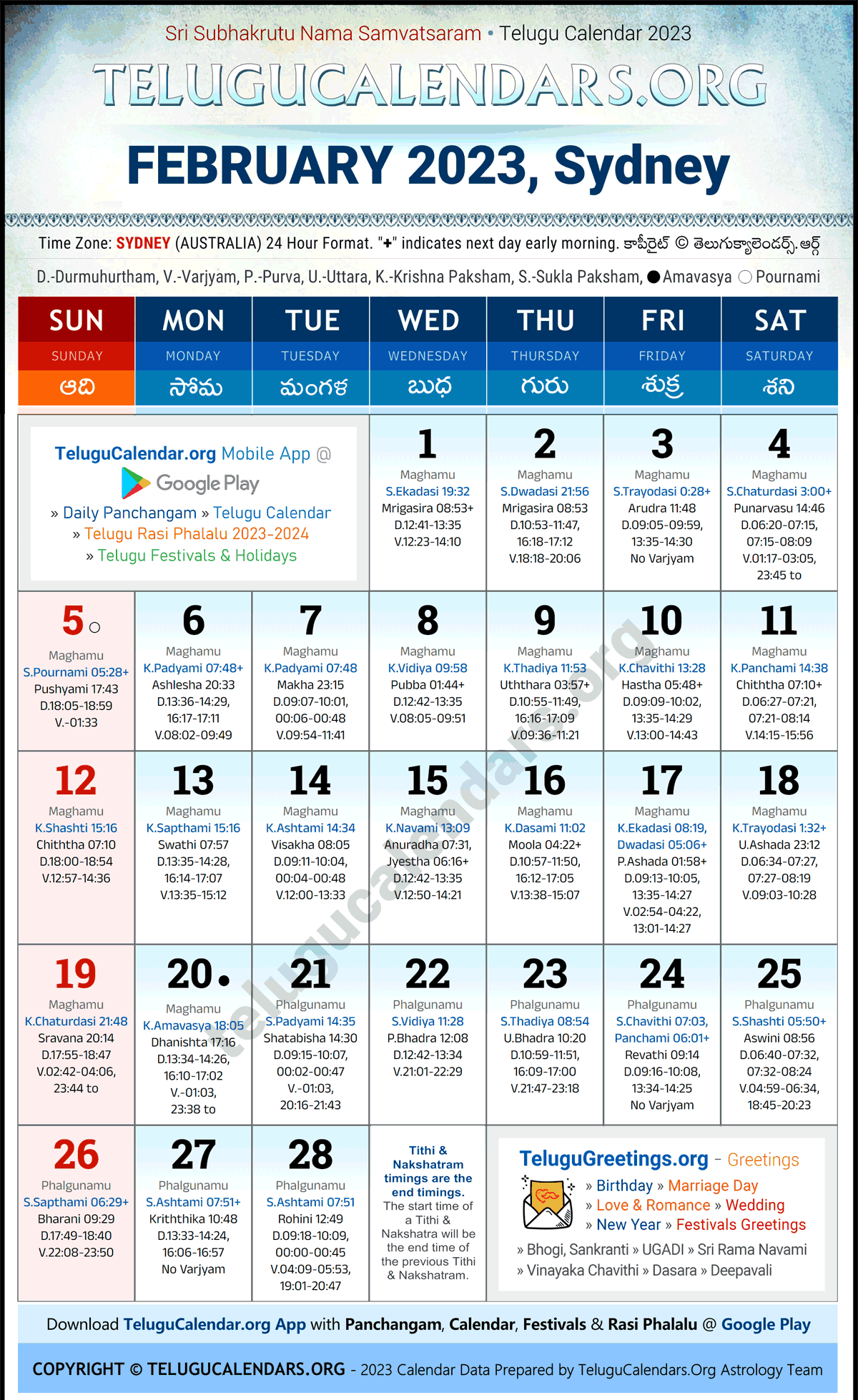 Telugu Calendar 2023 February Festivals for Sydney
