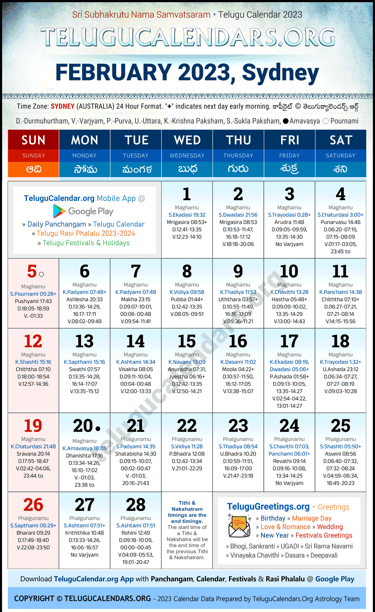 Sydney 2023 February Telugu Calendar Festivals & Holidays in English