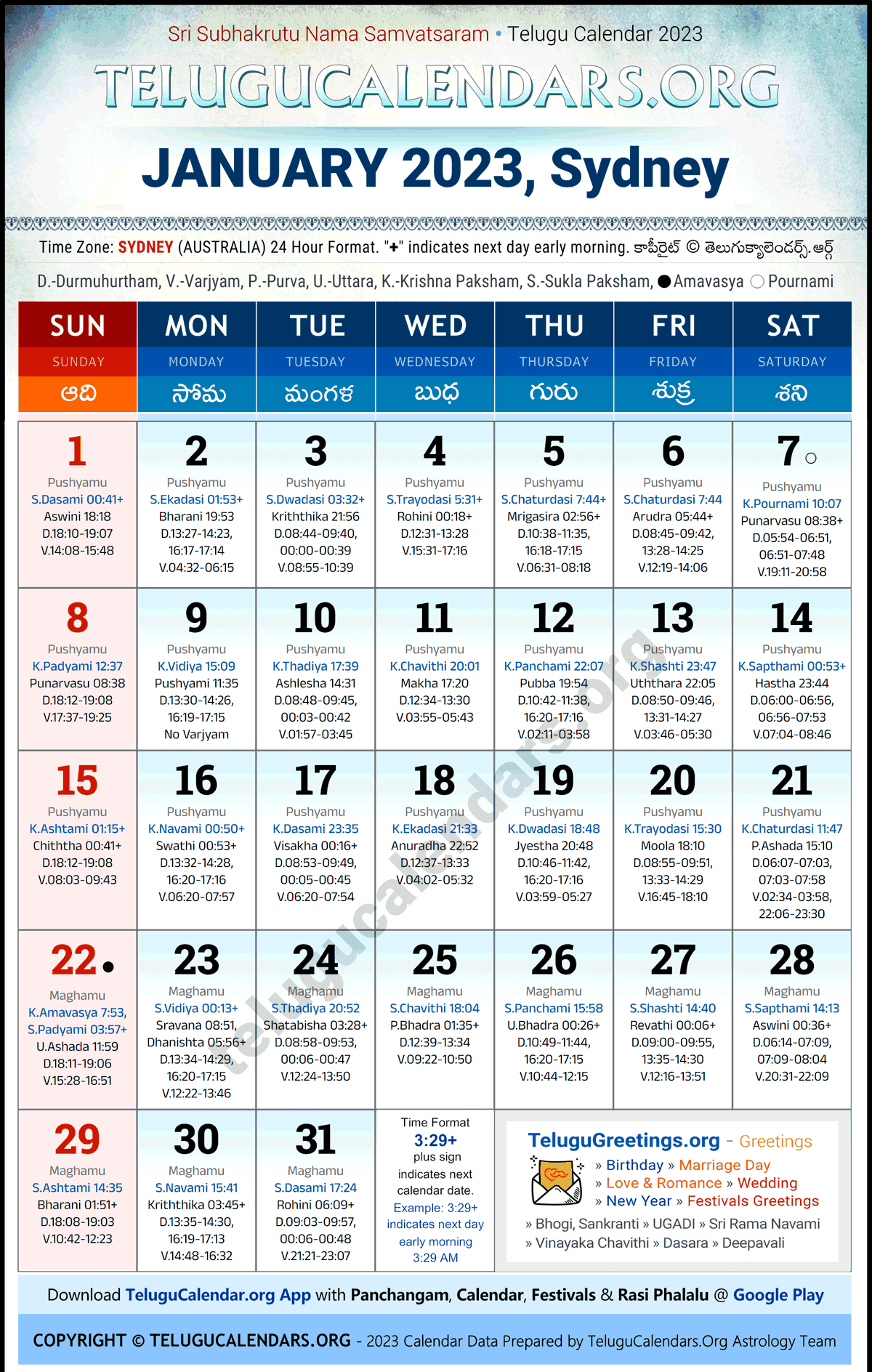 Telugu Calendar 2023 January Festivals for Sydney