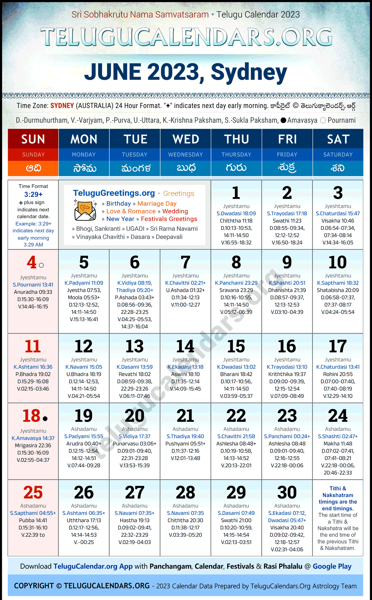 Sydney 2023 June Telugu Calendar Festivals & Holidays in English PDF