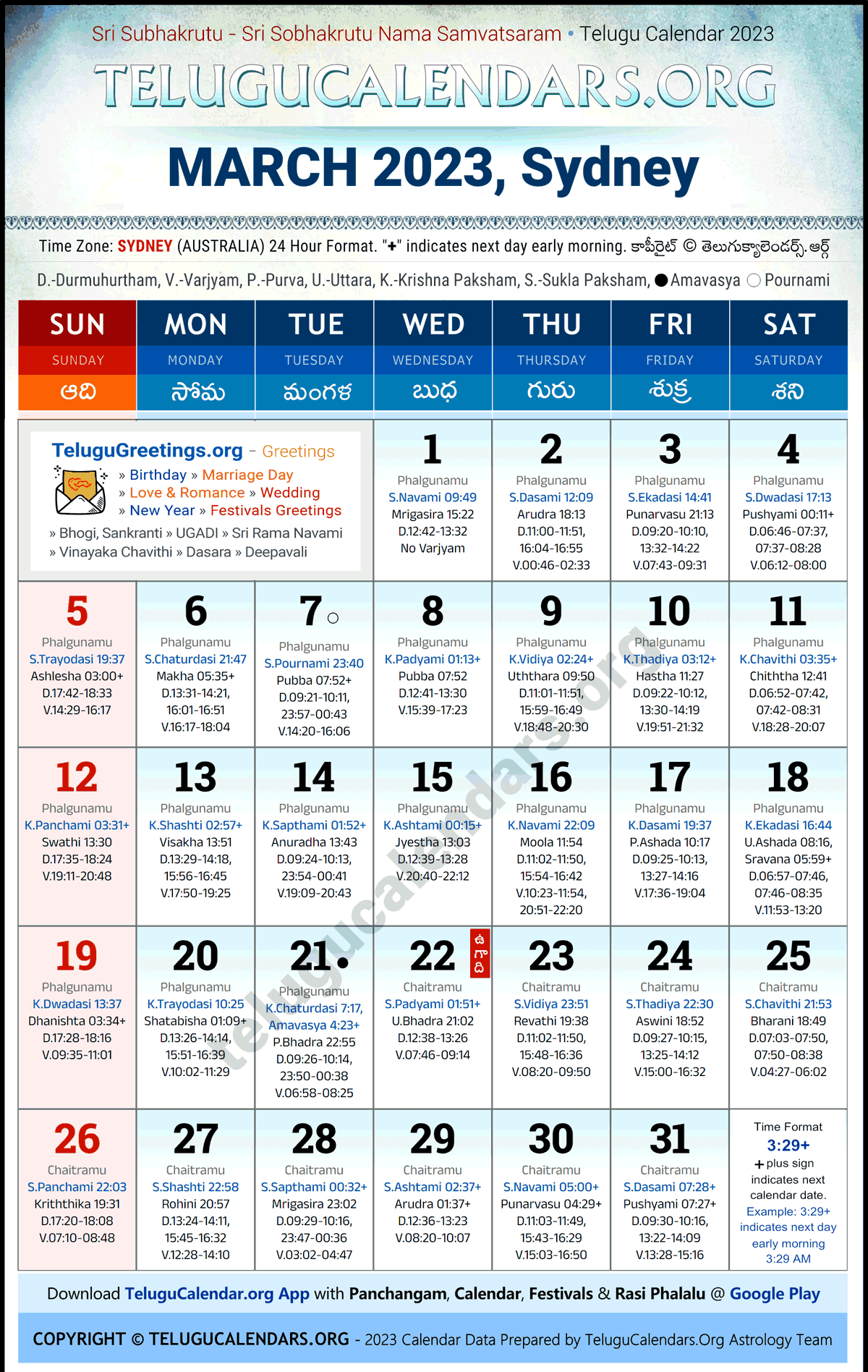 Telugu Calendar 2023 March Festivals for Sydney