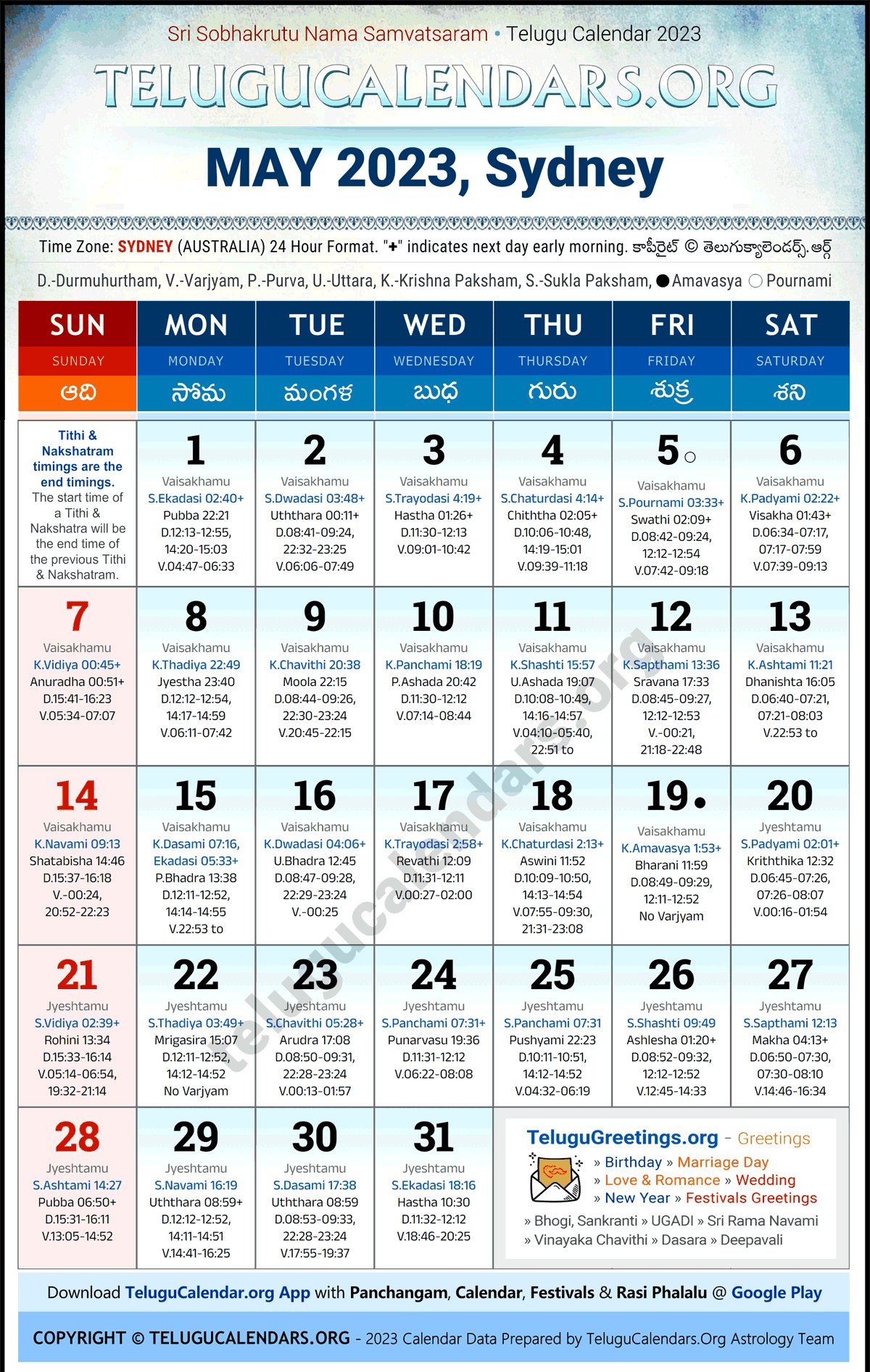 Sydney 2023 May Telugu Calendar Festivals & Holidays in English PDF