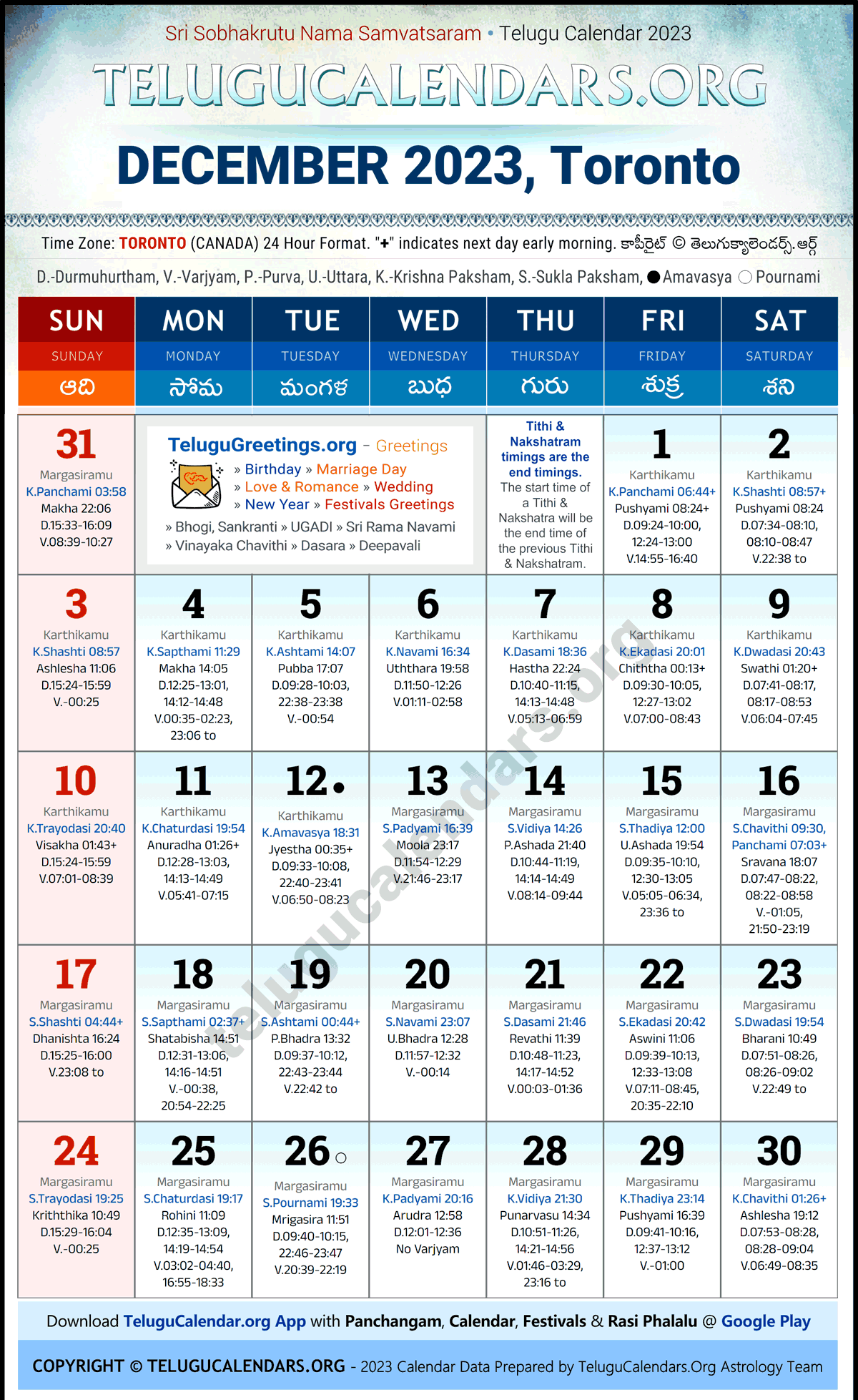 Telugu Calendar 2023 December Festivals for Toronto