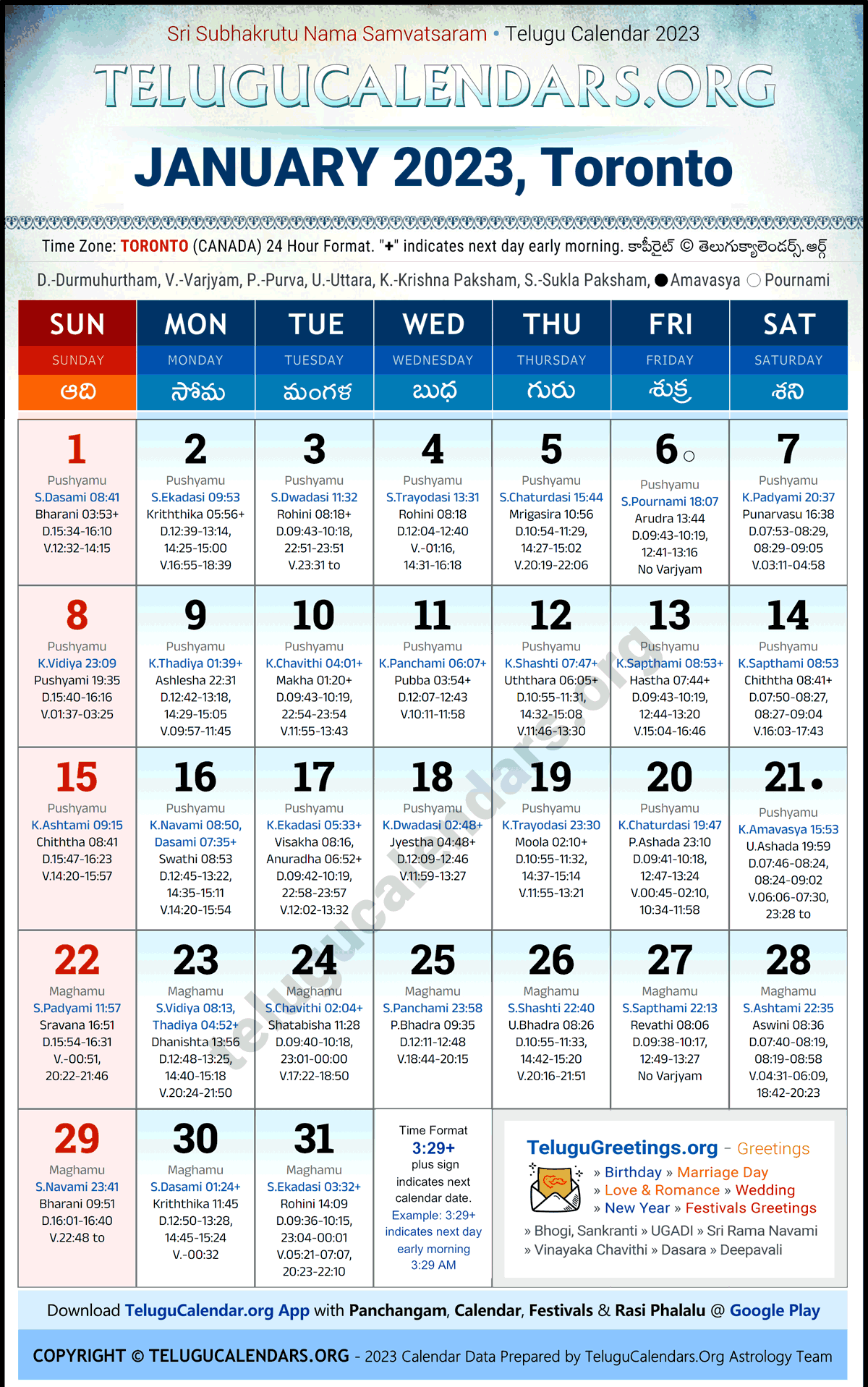 Toronto 2023 January Telugu Calendar Festivals & Holidays in English
