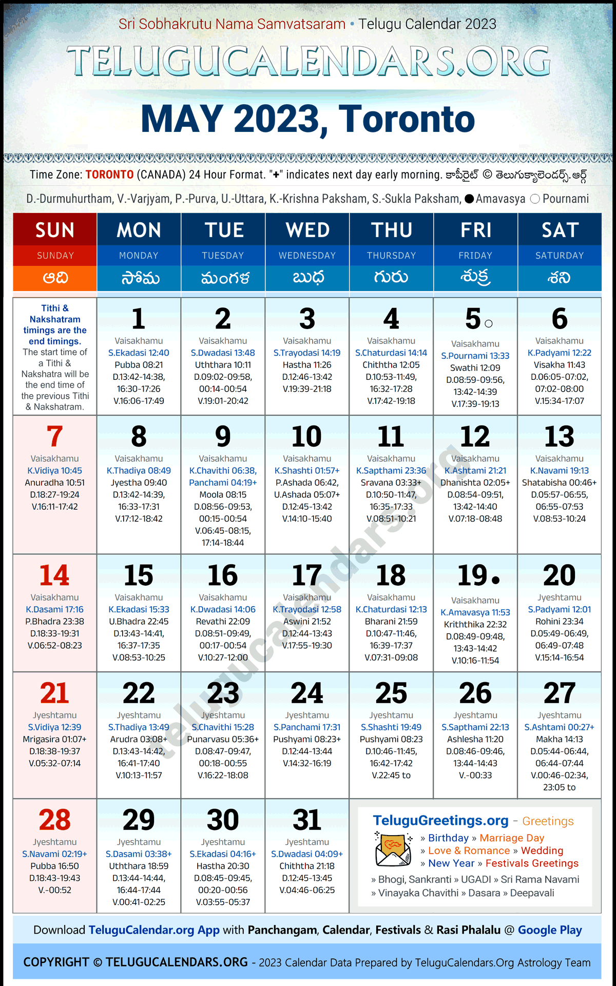 Telugu Calendar 2023 May Festivals for Toronto