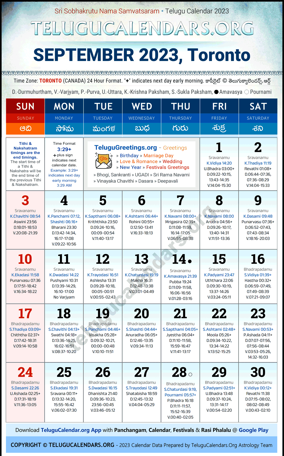 Telugu Calendar 2023 September Festivals for Toronto