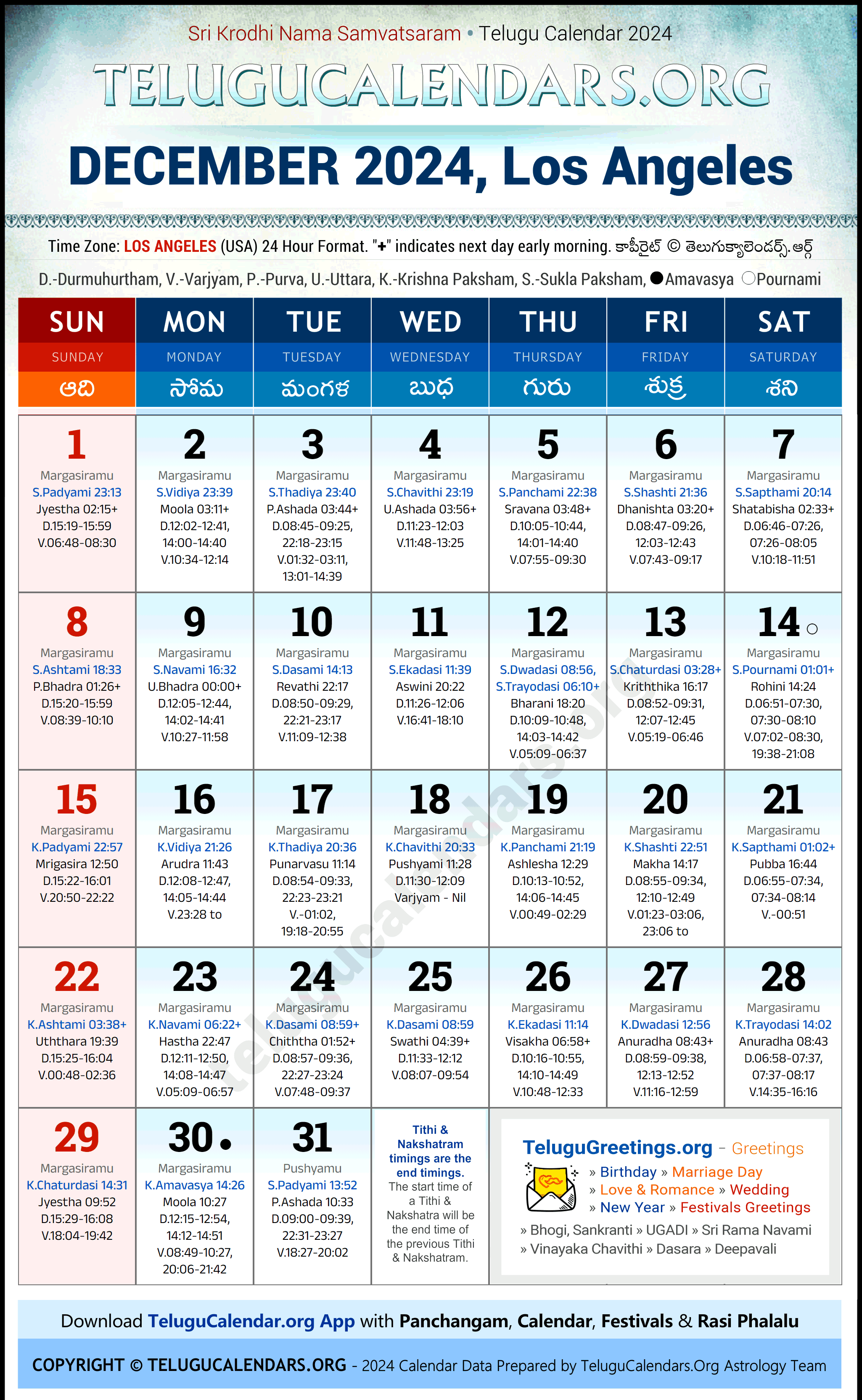Telugu Calendar 2024 December Festivals for Los Angeles