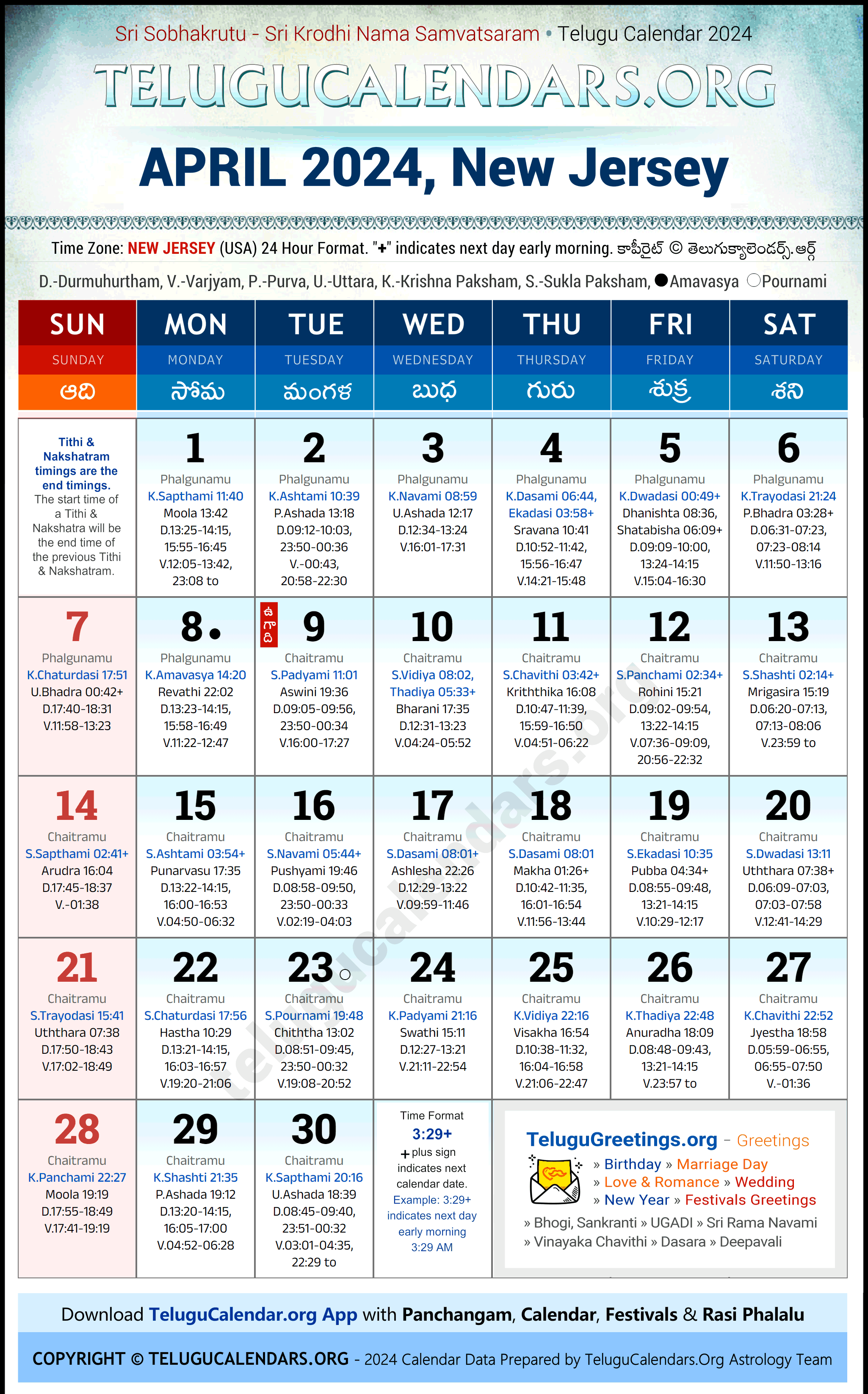 Telugu Calendar 2024 April Festivals for New Jersey