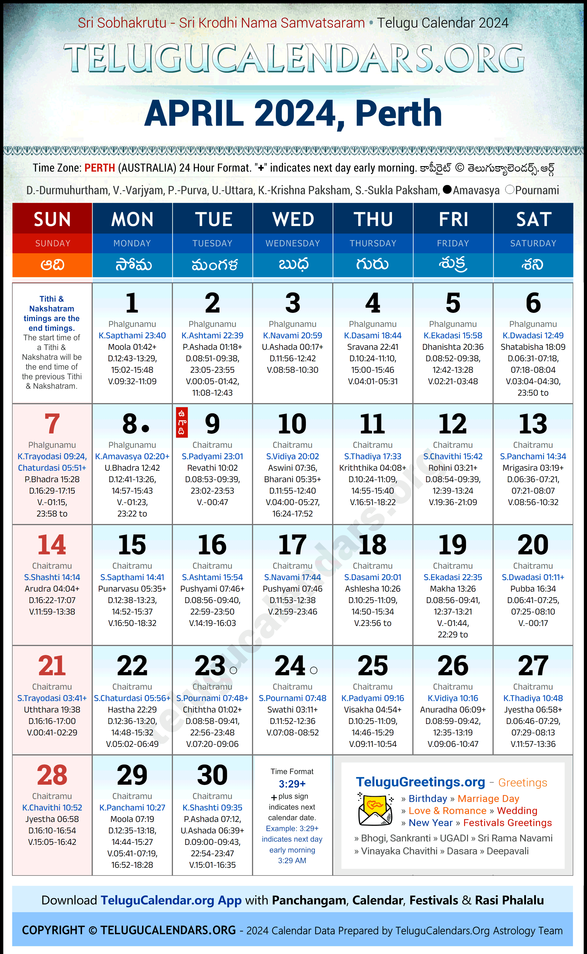 Telugu Calendar 2024 April Festivals for Perth