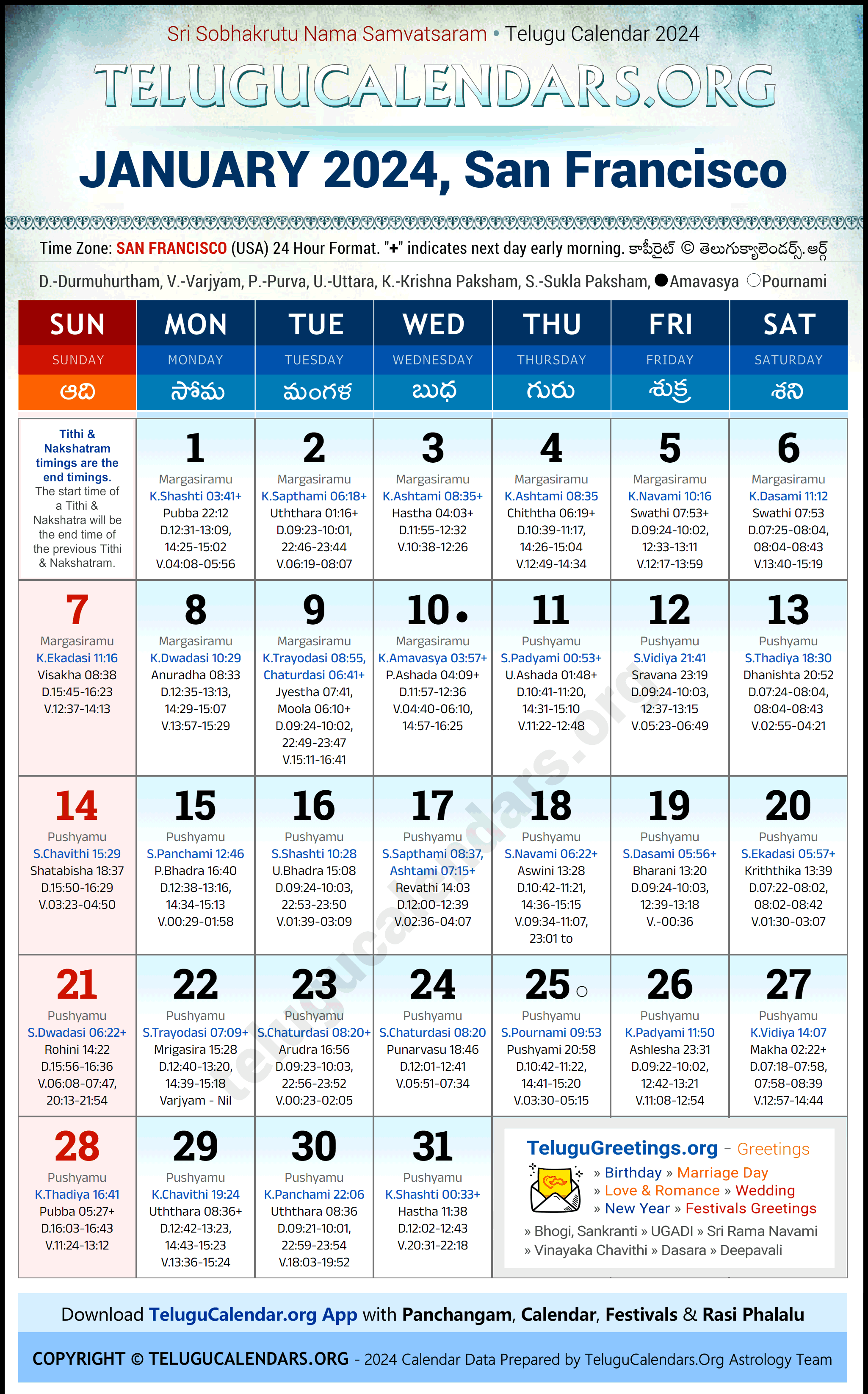 Telugu Calendar 2024 January Festivals for San Francisco
