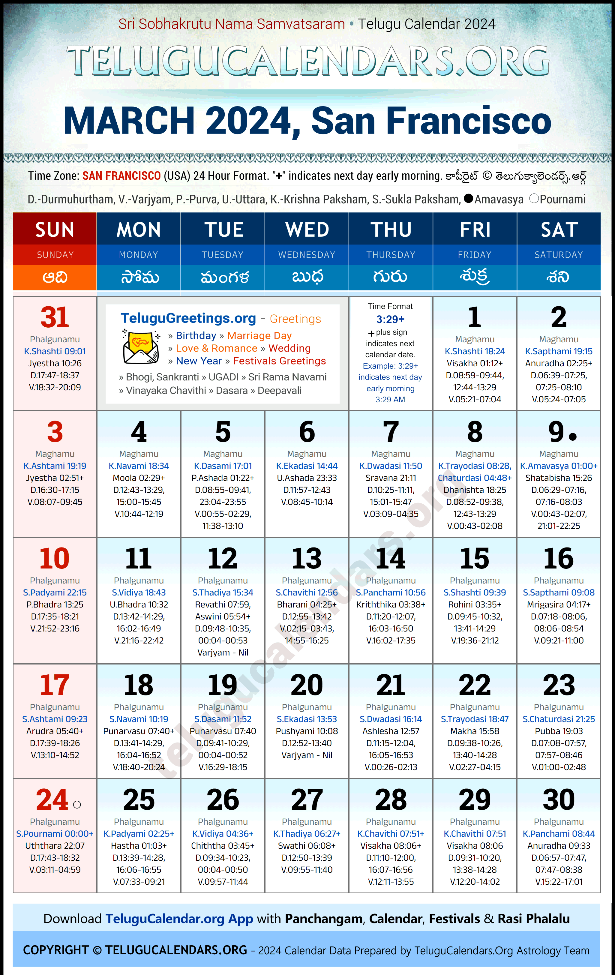 Telugu Calendar 2024 March Festivals for San Francisco