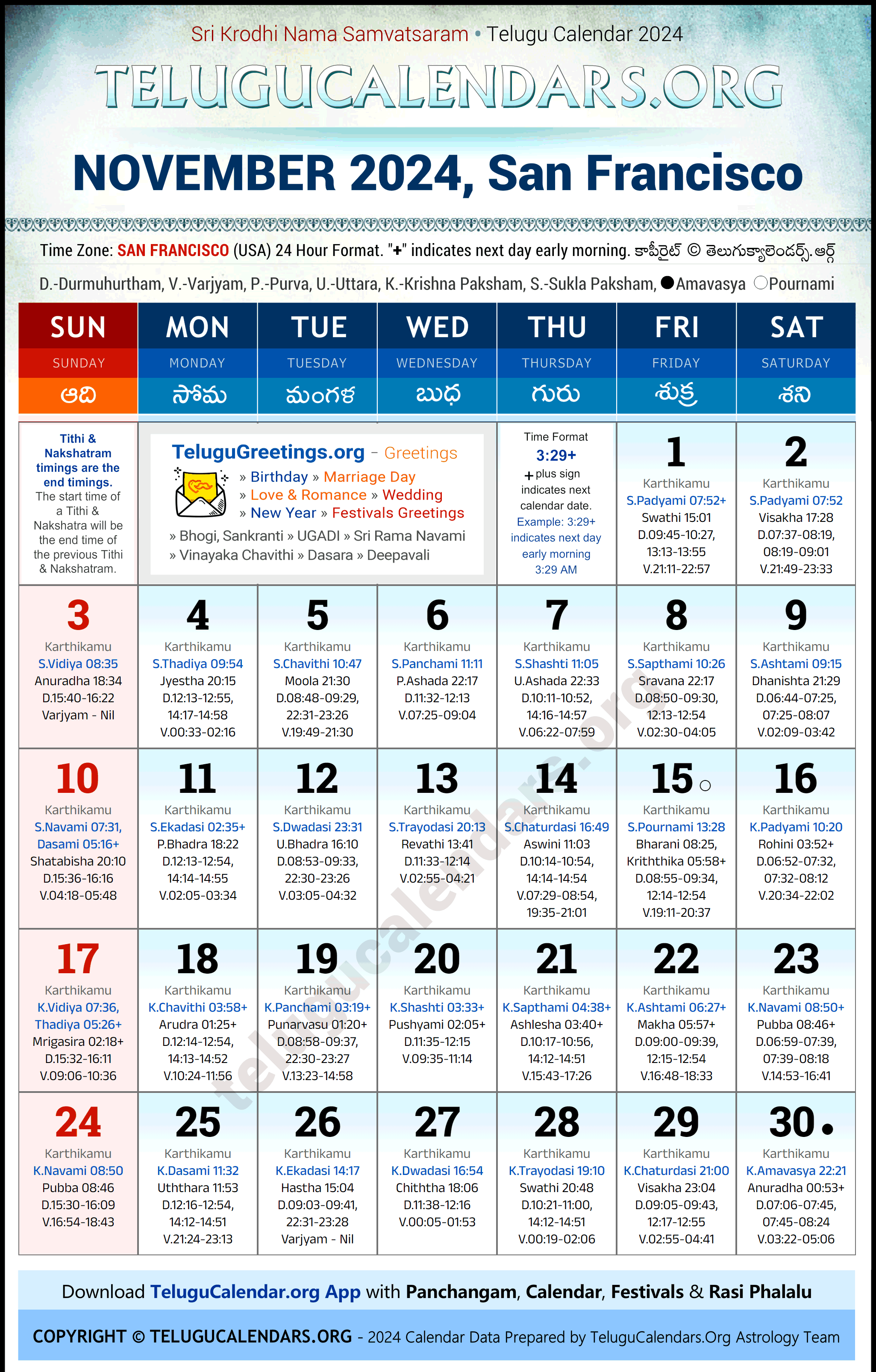 Telugu Calendar 2024 November Festivals for San Francisco