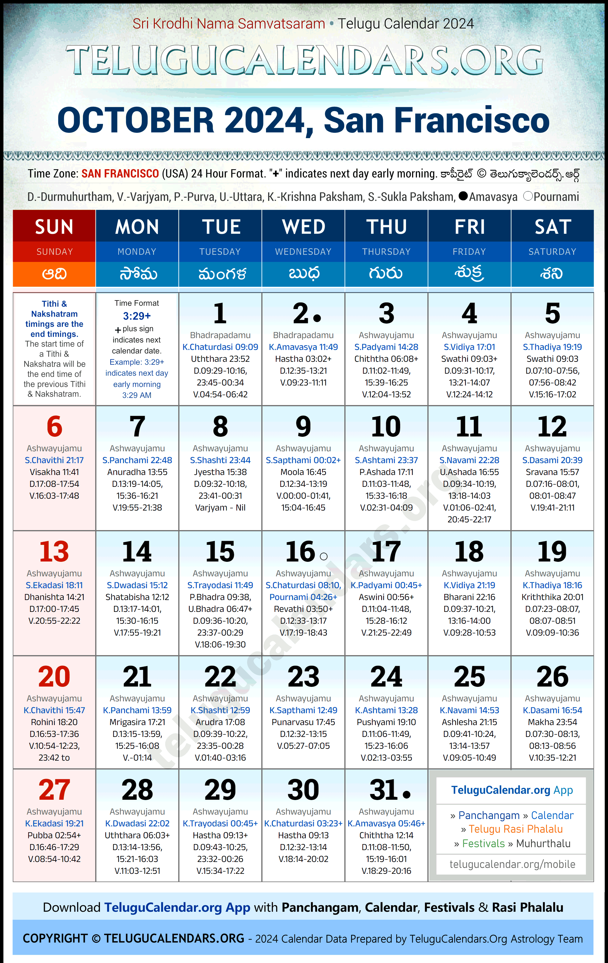 Telugu Calendar 2024 October Festivals for San Francisco