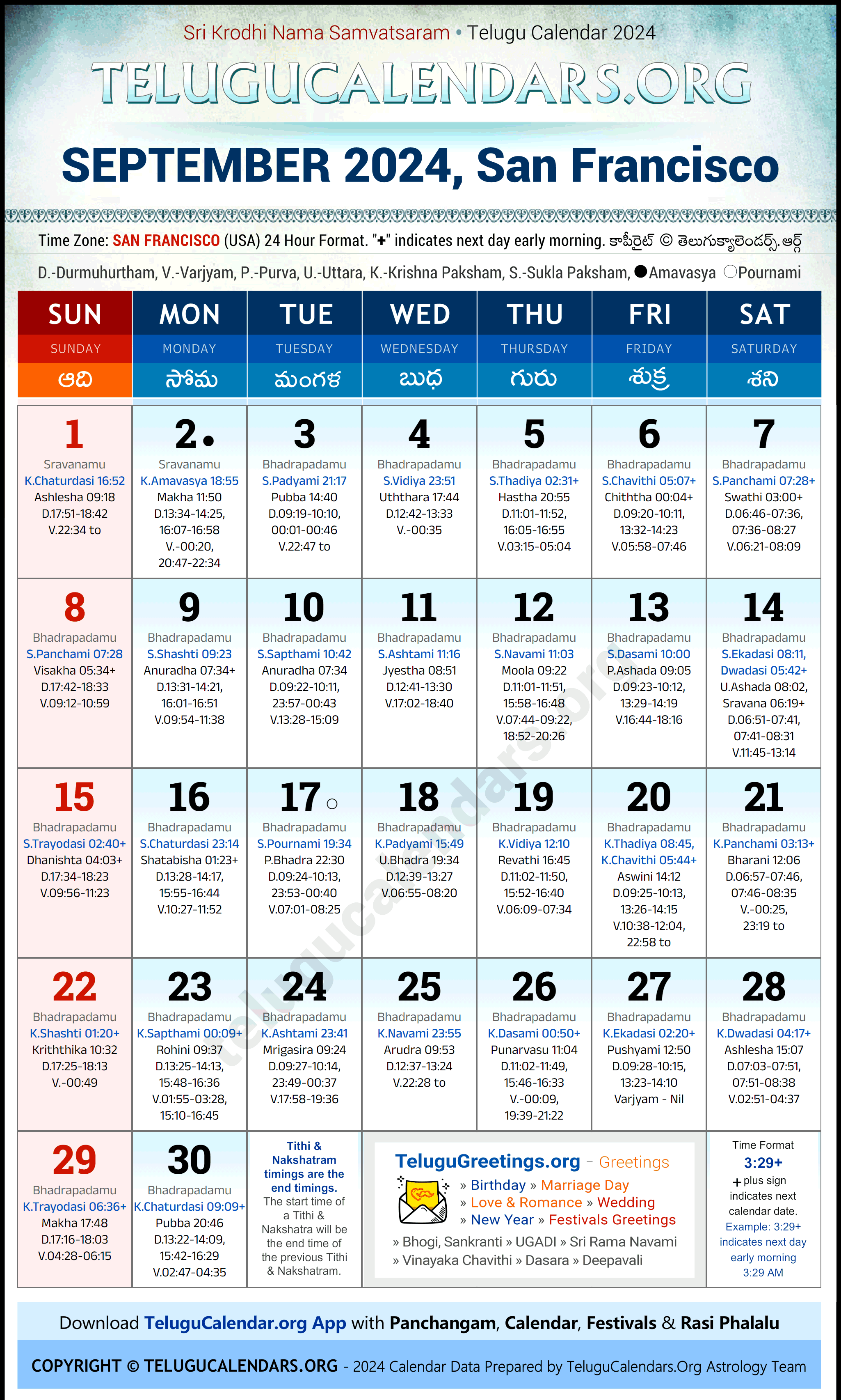 Telugu Calendar 2024 September Festivals for San Francisco