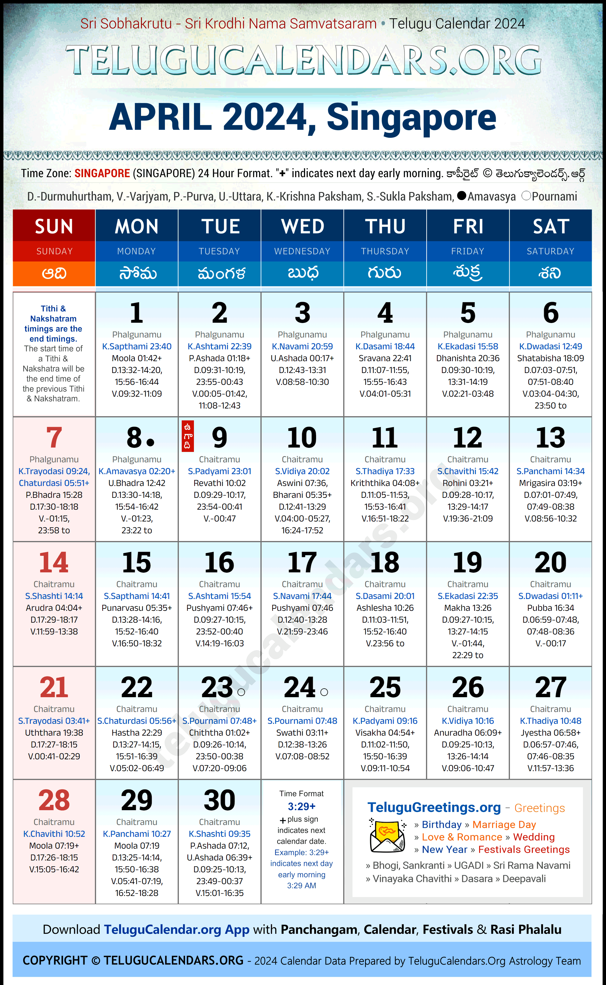 Telugu Calendar 2024 April Festivals for Singapore