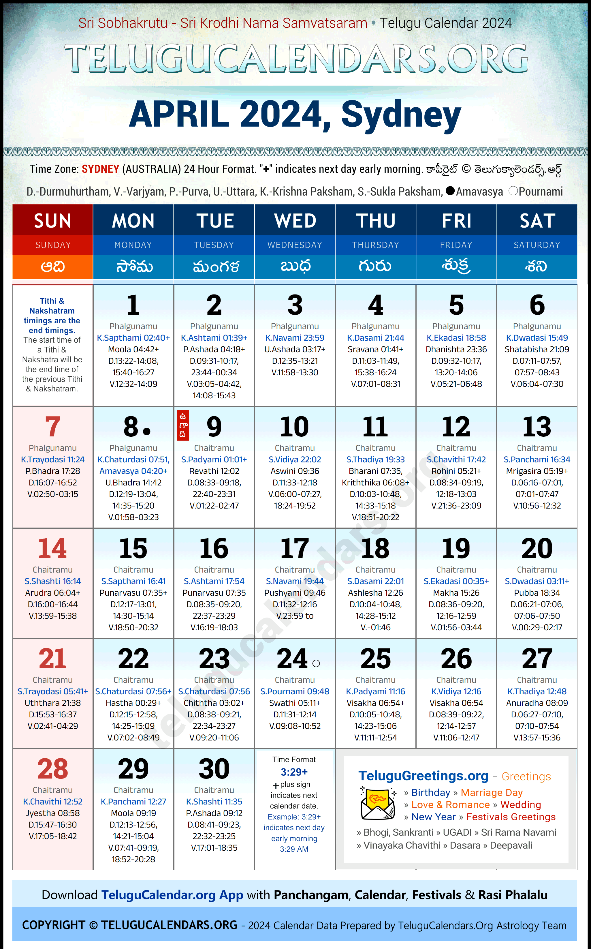 Telugu Calendar 2024 April Festivals for Sydney