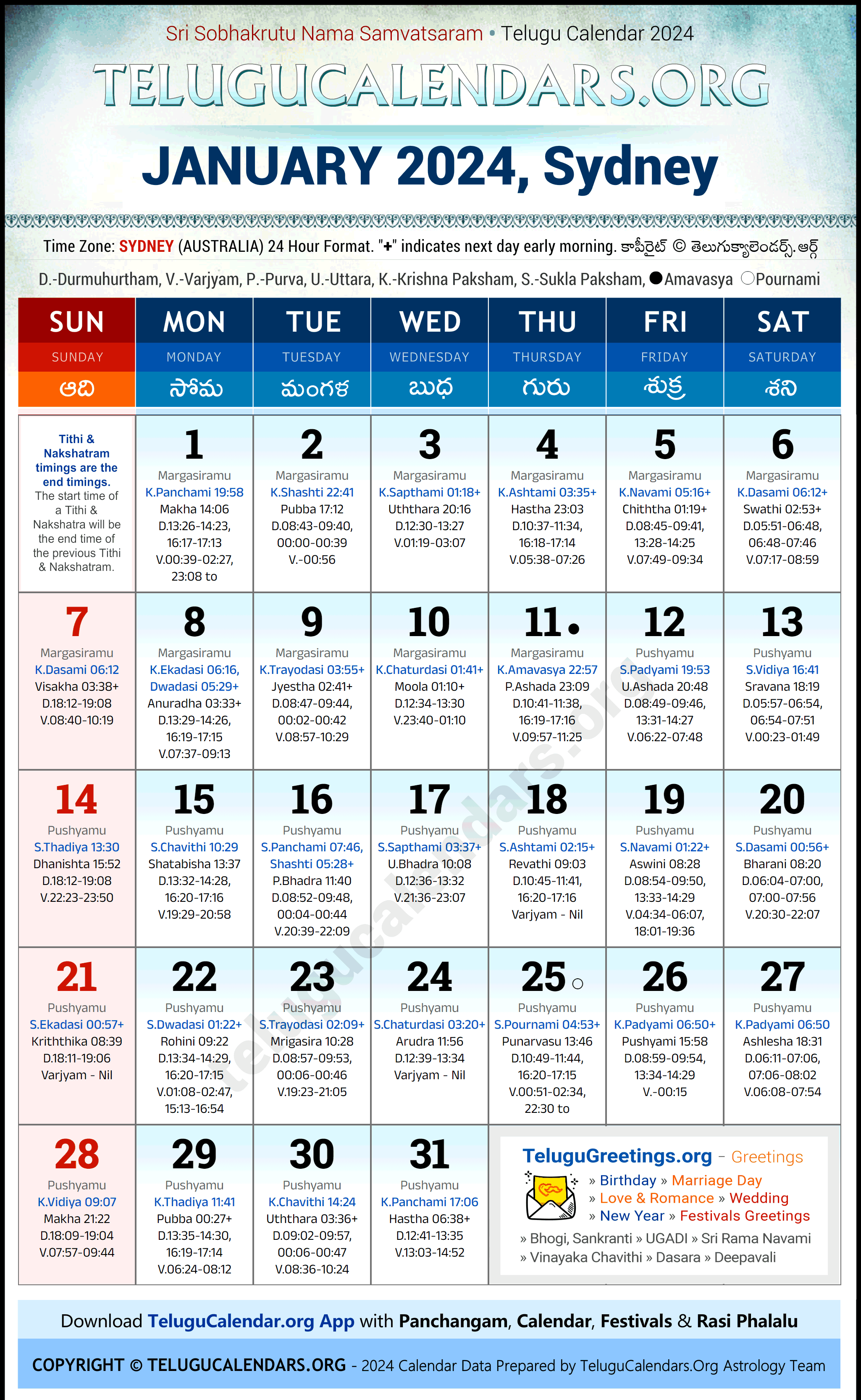 Telugu Calendar 2024 January Festivals for Sydney