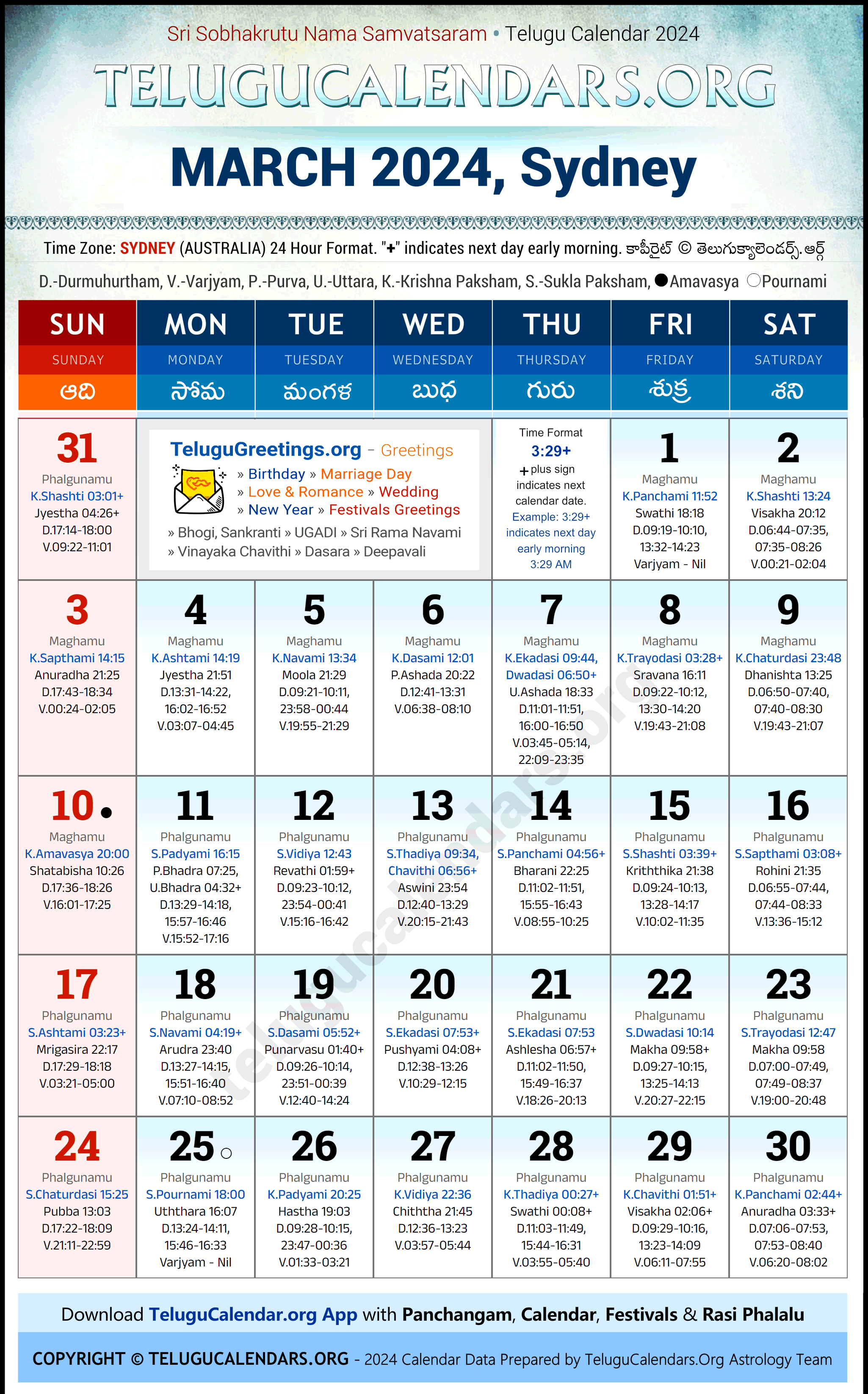 Telugu Calendar 2024 March Festivals for Sydney