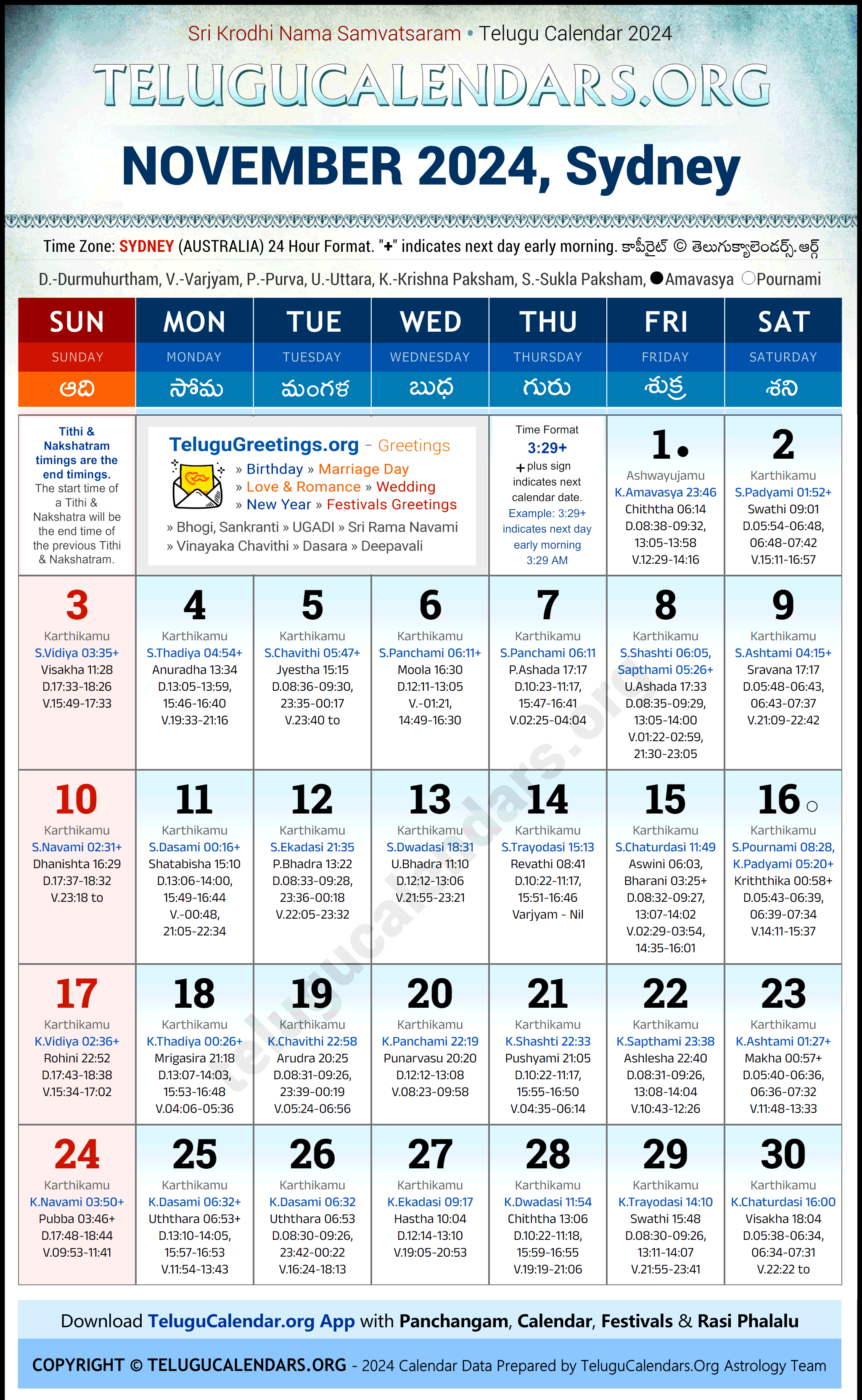 Telugu Calendar 2024 November Festivals for Sydney