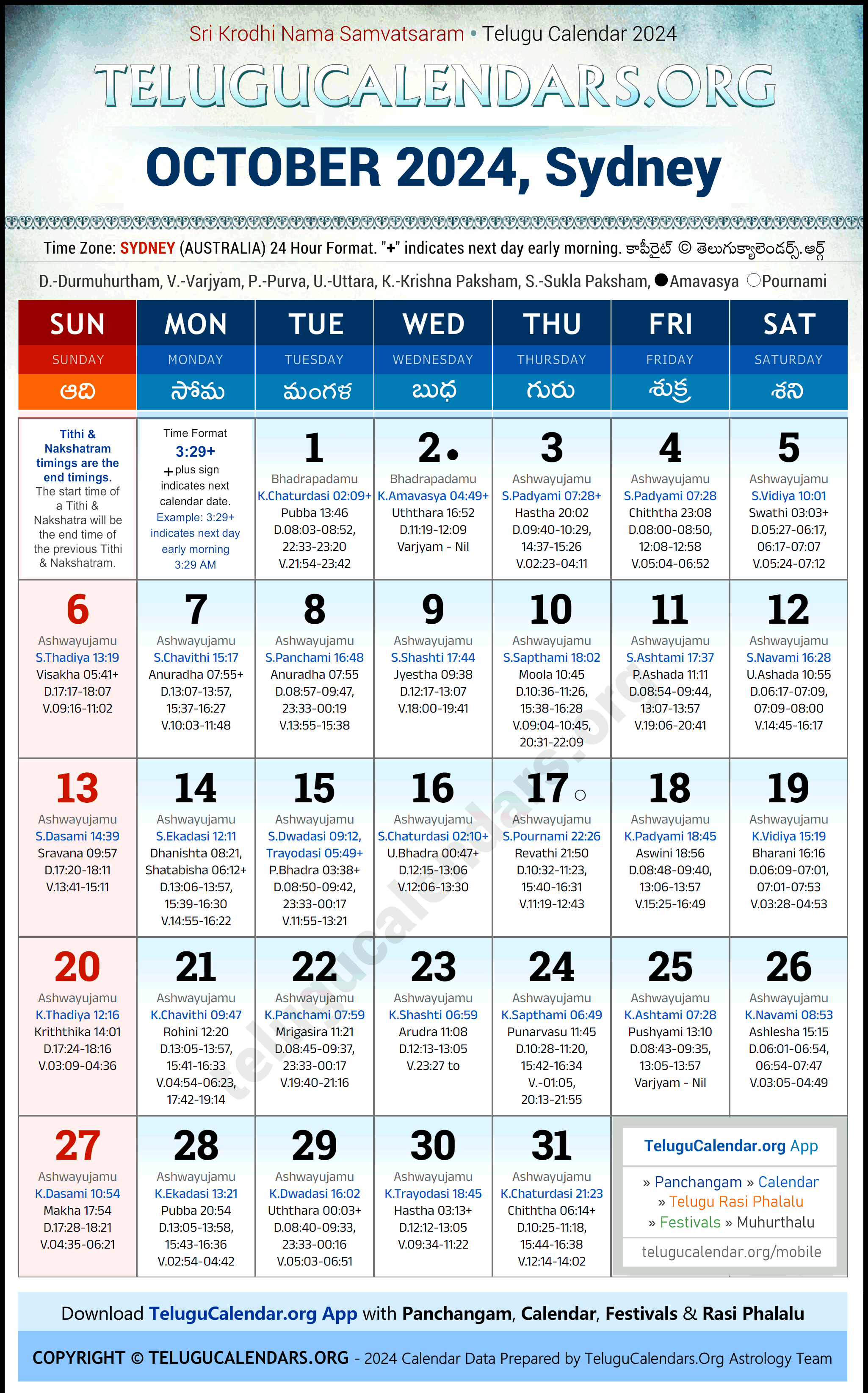 Telugu Calendar 2024 October Festivals for Sydney