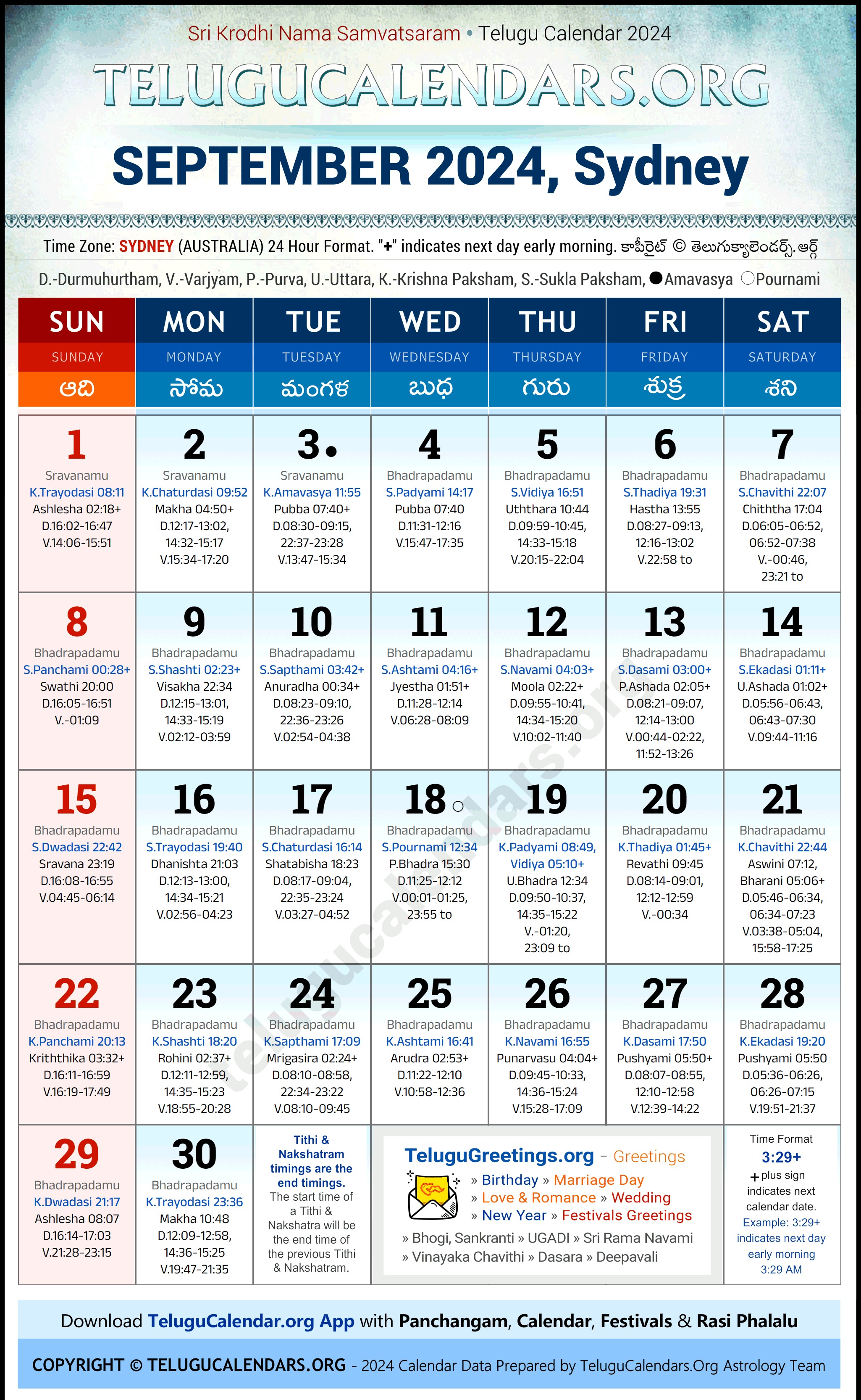 Telugu Calendar 2024 September Festivals for Sydney