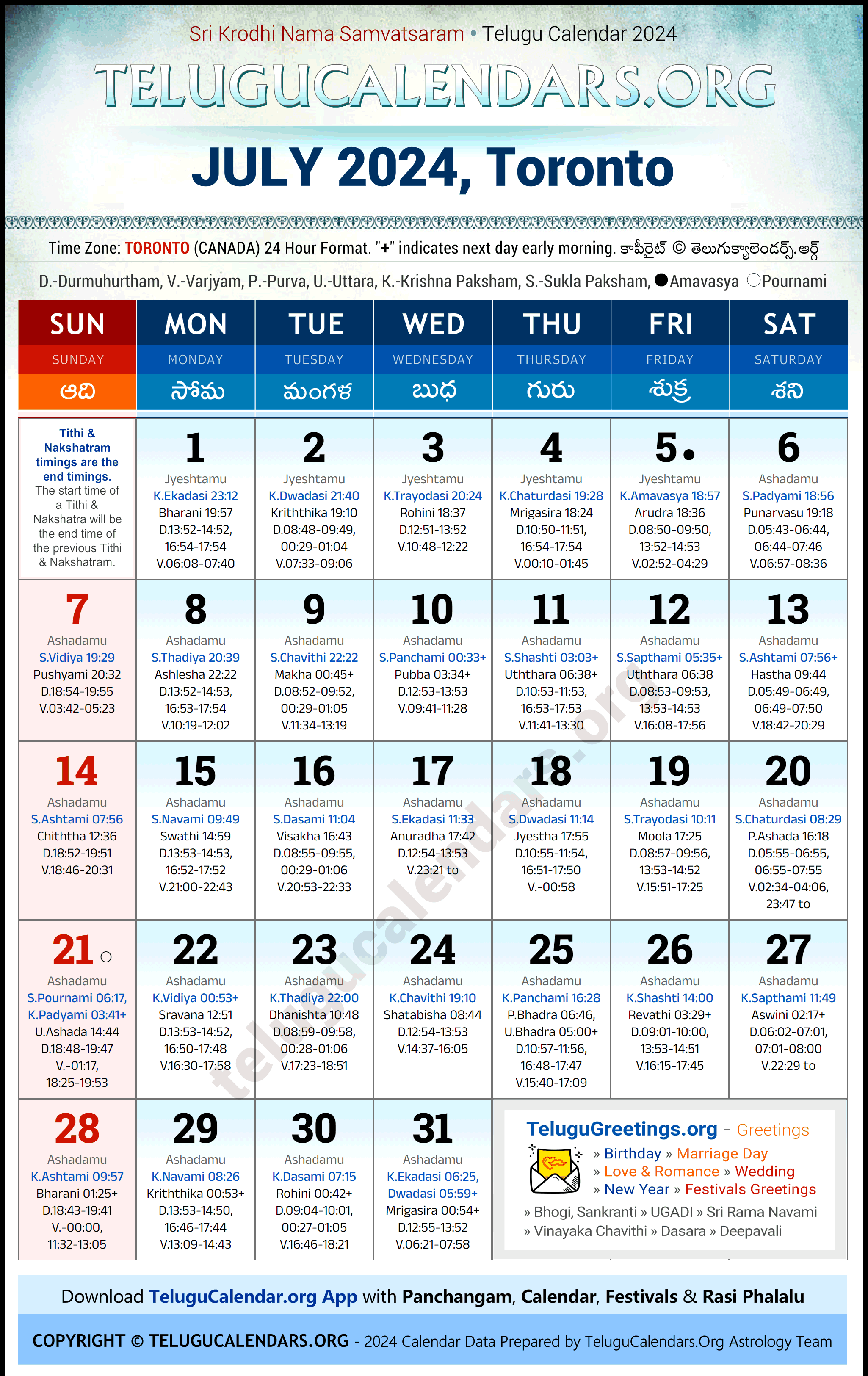 Telugu Calendar 2024 July Festivals for Toronto