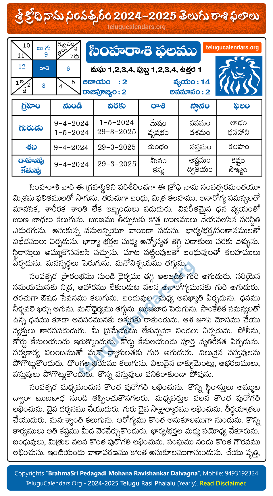 Simha Rasi Phalalu 20242025 Yearly Predictions & Remedies in Telugu